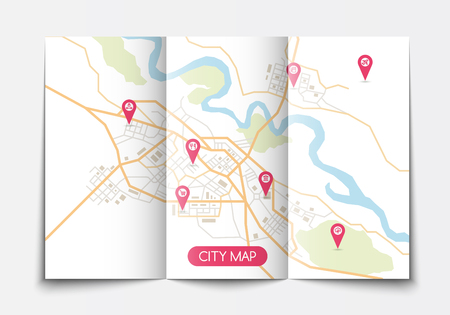 Vector flat paper city map lying open, top view, flat style, brochure templateのイラスト素材