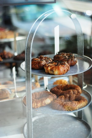 Baked turkish pastry in a vitrine of a cafeの写真素材