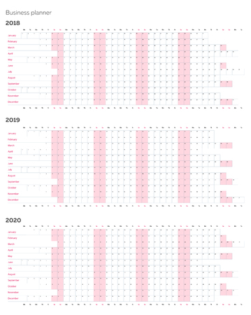 Planner calendar template, business planner in vertical rows. 2018 2019 and 2020 yearsのイラスト素材