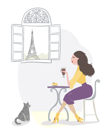 Vector illustration of a girl sitting in cafe, woman drinking coffee in Parisのイラスト素材