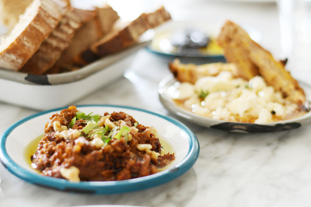 Turkish breakfast with various plates on a tableの写真素材