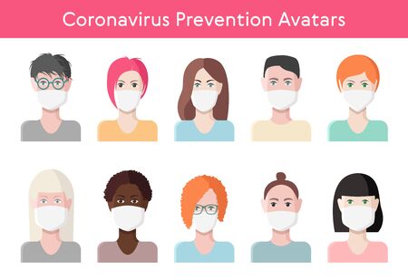 Coronavirus protection concept, vector illustration of human faces with medical masksのイラスト素材