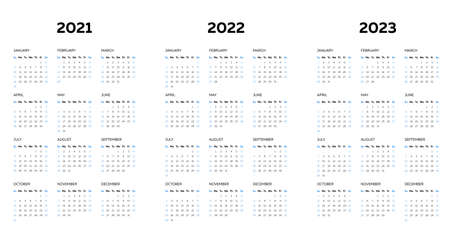 The 2021 2022 2023 calendar template with vertical monthly columnsのイラスト素材