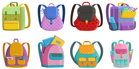 Vector set of school backpacks with pockets and supplies in cartoon styleのイラスト素材