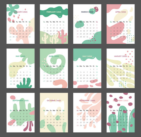 The 2021 calendar template with hand drawn doodlesのイラスト素材