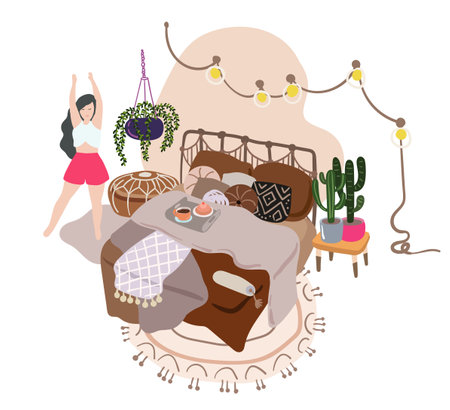 Stay home morning routine vector drawing with boho interior design and yoga girlのイラスト素材