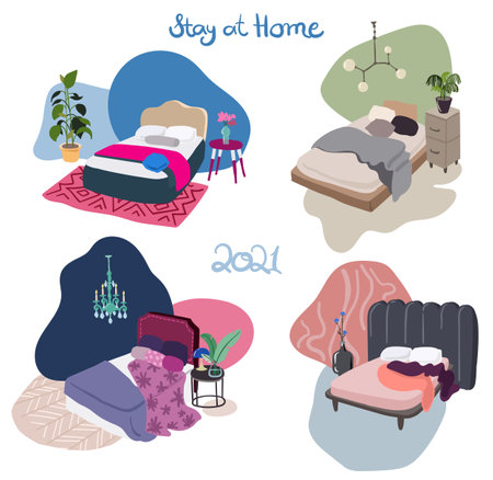 Vector set of cosy interior design drawings of bedroom, stay at home conceptのイラスト素材