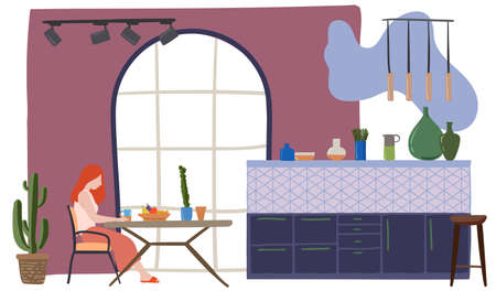 Vector drawing of woman sitting in the kitchen, stay at home conceptのイラスト素材