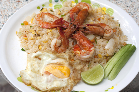 stir-fried rice with prawns and fried eggの写真素材