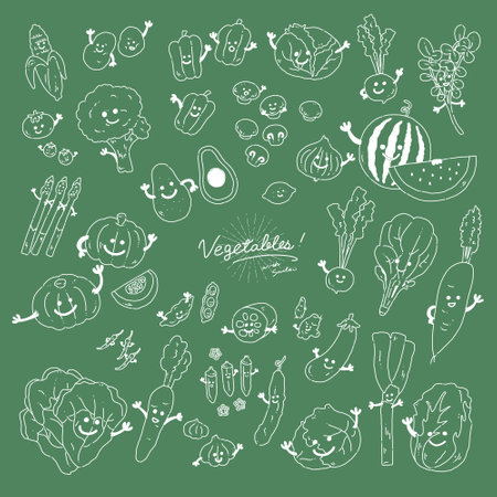 Hand drawn vegetable character with face white line drawing icon illustration transparent vector. The position of the hand in the vector can be changed.のイラスト素材