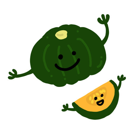 This is a hand-drawn color illustration of a pumpkin character with a face. The vector has an adjustable hand position.のイラスト素材