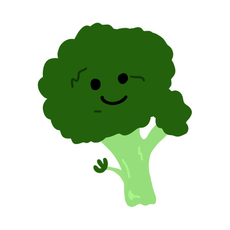 It is a hand-drawn color illustration of a broccoli character with a face The vector has adjustable hand position.のイラスト素材