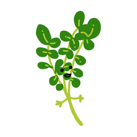 It is a hand-drawn color illustration of a watercress character with a face. Vectors can change the position of the hand.のイラスト素材