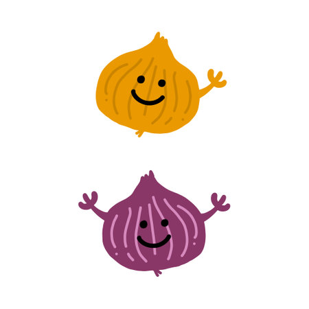 This is a hand-drawn color illustration of an onion character with a face. Vectors can change the position of the hand.のイラスト素材