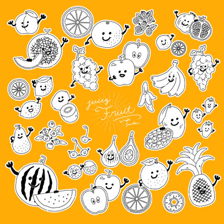 Hand drawn fruit character line drawing icon illustration with face. The position of the hand in the vector can be changed.のイラスト素材