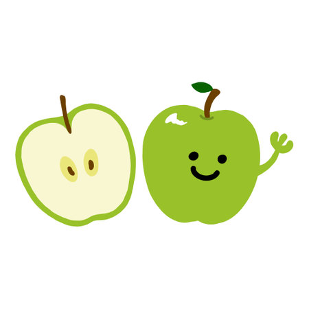 Green apple character colored flat illustration. Vector icon.Hands can move.のイラスト素材