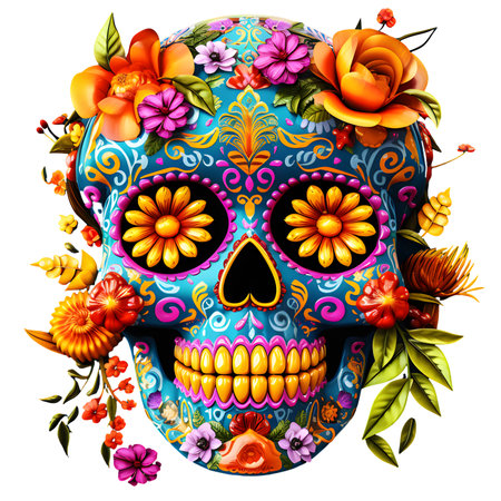 Day of the Dead sugar skull decorated with flowers and leaves. Vector illustration. AI-GeneratedImagesの素材