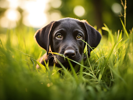 labrador dog Portrait of a cute little dachshund puppy in the grass Generative Al illustrationの素材