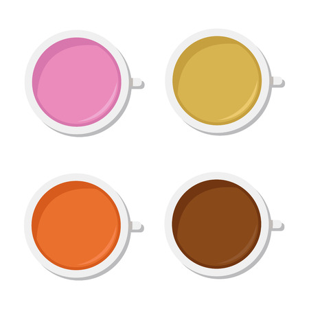 Top View of Strawberry Milk, Lemon Tea, Orange Juice, Chocolate Milk. On white background. Vector.のイラスト素材