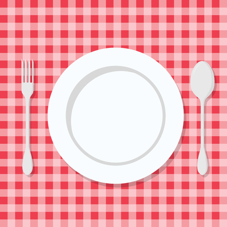 Plate with Spoon and Fork. On Red Tartan. Vectorのイラスト素材