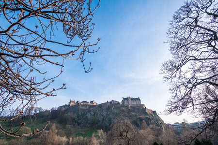 Edinburgh Castle with view of Princes Street Garden, United Kingdomの写真素材
