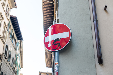 Florence, Italy - 19 May 2017 : Funny no entry road sign, Street art by Clet Abraham.のeditorial素材