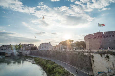 Rome, Italy. 17 May 2017 : View of Castel Sant'Angelo or Mausoleum of Hadrian on Sant'Angelo bridge along Tiber River.のeditorial素材