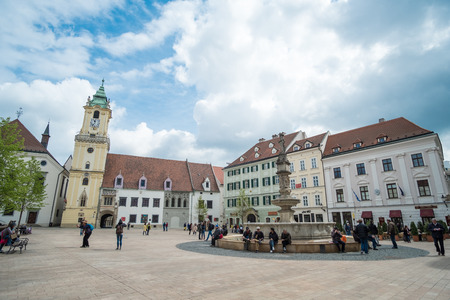 Bratislava, Slovakia - 17 April 2017 : People walking around the main square in the old town of...