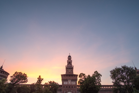 Night view of Sforzesco Castle, in Milan, northern Italy. It was built in the 15th century by Francesco Sforza, Duke of Milan.のeditorial素材