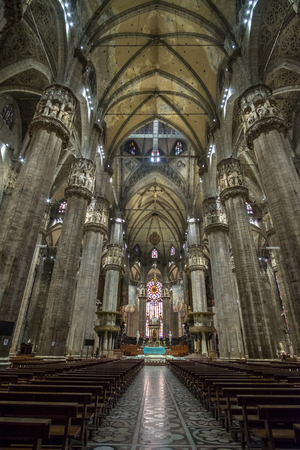 23 May 2017 - Milan, Italy : Interior of Milan Cathedral or Duomo di Milano over the sunset. It is a Gothic church located in the historical center of Milan, Italy.のeditorial素材