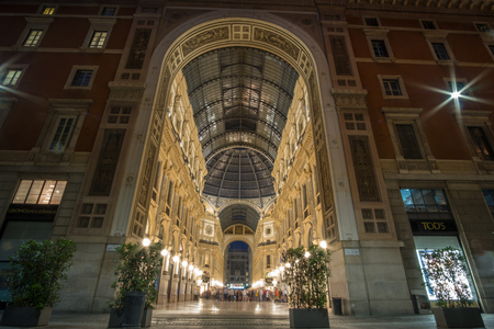 Milan, Italy - 21 May 2017 : Interior of Galleria Vittorio Emanuele II, one of the world's oldest shopping malls. Located in Milan, at nightのeditorial素材