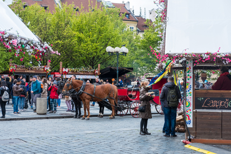 Prague, Czech Republic - 18 April 2017 : Tourist around the Old Town Square with Easter Market in Prague.のeditorial素材