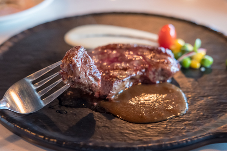 Medium rare meat on plate with sauceの写真素材