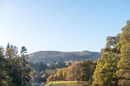 Scenic view of mountain, forest near River Tummel, Pitlochry Dam as part of Perth and Kinross. Scotland, United Kingdomの写真素材