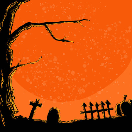 Halloween cartoon background, tree with pumpkin, tomb and fenceのイラスト素材