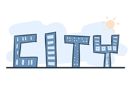 Cartoon hand drawing building as alphabet CITY with color. Vector on white background.のイラスト素材