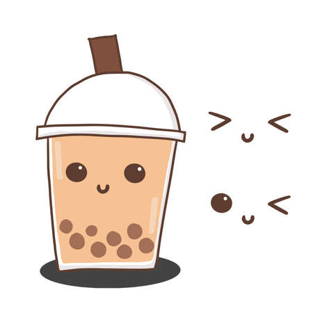 Milk Bubble Tea with cute face. Doodle drawing vectorのイラスト素材