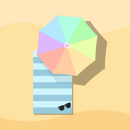 Top view of Towel, Umbrella and Sunglasses on Sand, For Summer Icon, Background Design.のイラスト素材