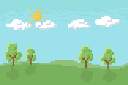 8-Bit style, Trees in the park against blue sky during the day.のイラスト素材