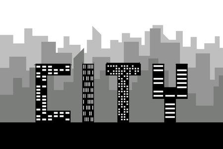 Black random building skyline as a word 'CITY'. Vector on white background.のイラスト素材