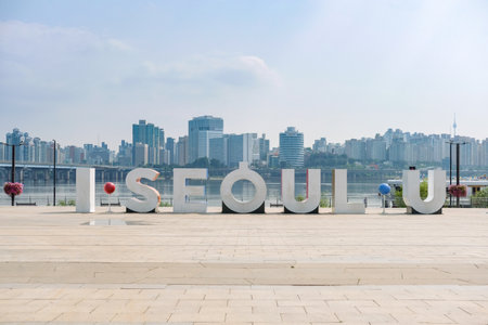Seoul, South Korea - 11 July 2022: I Seoul U signage at Yeouido Hangang Park, one of the parks next to Han riverのeditorial素材
