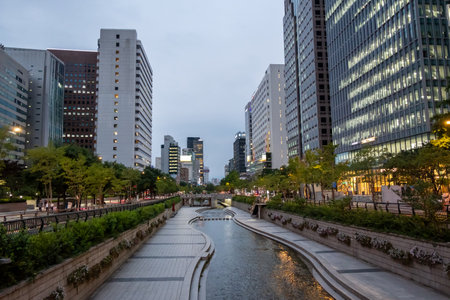 Seoul, South Korea - 11 July 2022: Cheonggyecheon stream at night. It is a modern public space in Seoulのeditorial素材