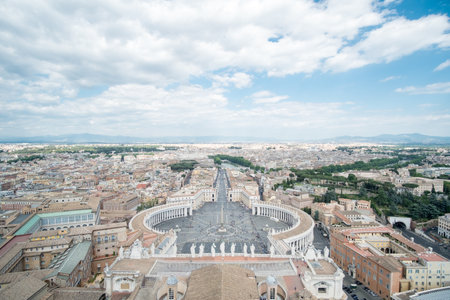 Saint Peter's Square, the large plaza in front of St. Peter's Basilica in Vatican City with the aerial view of Rome, Italy.の写真素材