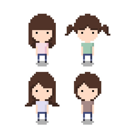 Set of Girl Icon, Pixel 8 bit styleのイラスト素材