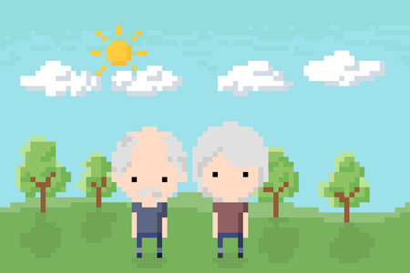 Elderly couple in the park Icon, Pixel 8 bit styleのイラスト素材