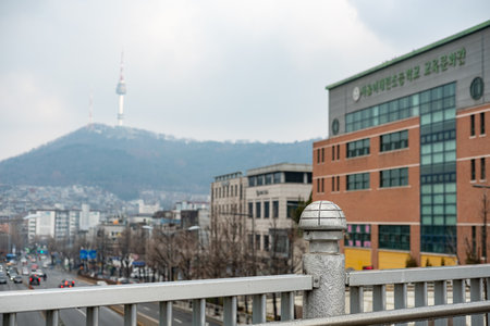 Seoul, South Korea - 19 February 2023: View of N Seoul Tower from Noksapyeong Bridge, one of the famous locations from Korean drama called Itaewon Classのeditorial素材