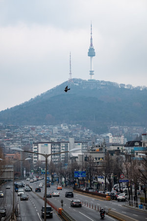 Seoul, South Korea - 19 February 2023: View of N Seoul Tower from Noksapyeong Bridge, one of the famous locations from Korean drama called Itaewon Classのeditorial素材