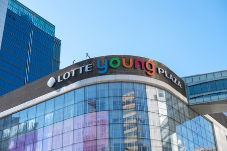 Seoul, South Korea - 20 February 2023: Logo signage of Lotte Young Plaza, a trendy youth-centered shopping center located in Myeongdongのeditorial素材