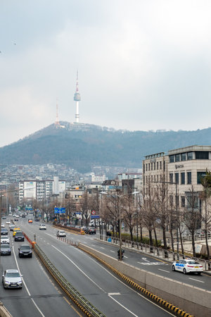 Seoul, South Korea - 19 February 2023: View of N Seoul Tower from Noksapyeong Bridge, one of the famous locations from Korean drama called Itaewon Classのeditorial素材