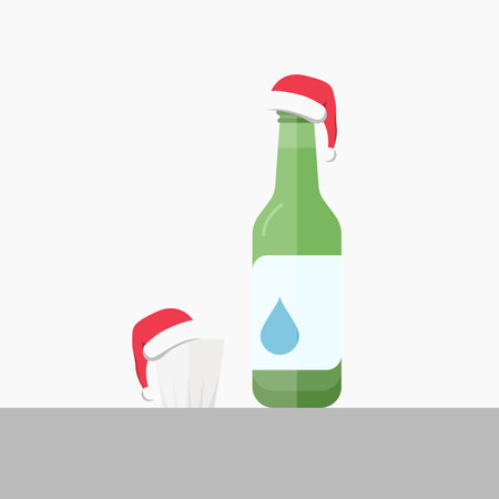 Flat icon of Soju with glass with Christmas Santa Hat. It is a famous clear, colorless distilled beverage of Korean originのイラスト素材